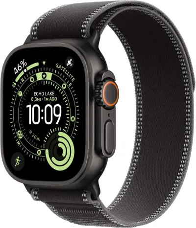 Apple Watch Ultra 3 49 мм, корпус из черного титана, ремешок Trail черного цвета, размер M/L